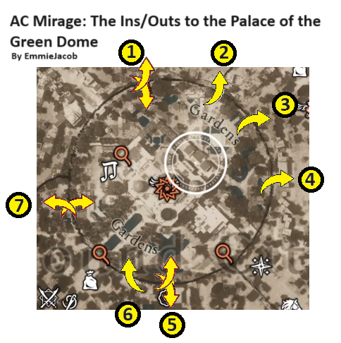 Map shows the ins and outs to the Palace of the Green Dome in Assassin's Creed Mirage.