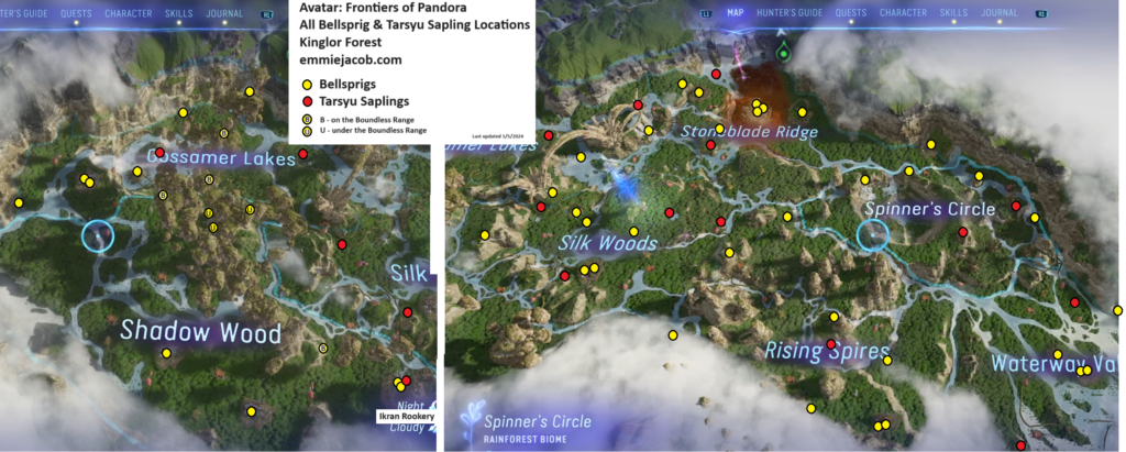 Avatar Frontiers of Pandora map of all bellsprig and tarsyu sapling locations in Kinglor Forest.