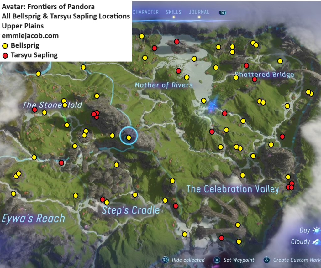 Avatar Frontiers of Pandora map of all bellsprig and tarsyu sapling locations in Upper Plains.