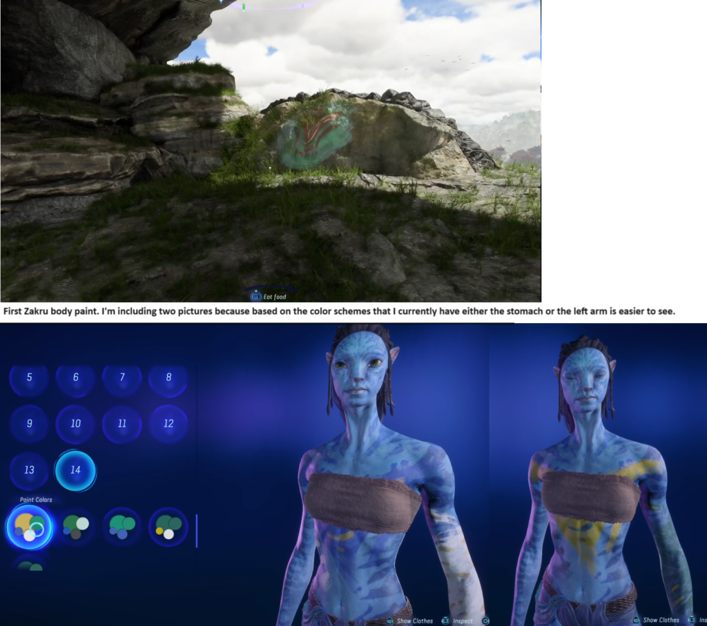 Avatar Frontiers of Pandora Upper Plains First Zakru body/face paint style location.