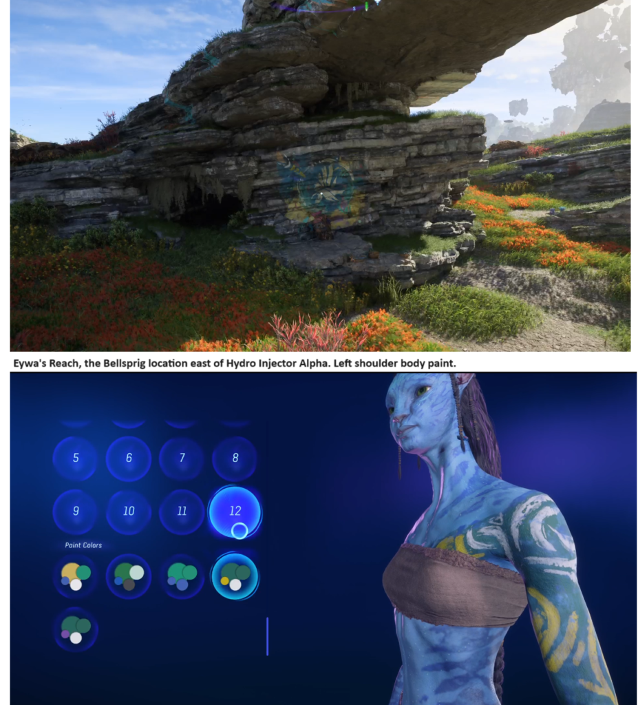 Avatar Frontiers of Pandora Upper Plains Hydro Injector Alpha Bellsprig Weeping Steps body/face paint style location.