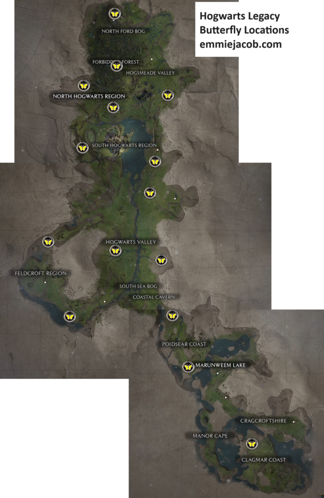 Hogwarts Legacy Map of Follow the Butterflies locations.