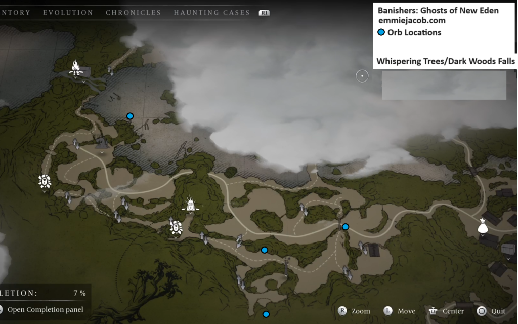Banishers Ghosts of New Eden Map of Soul Grabbers in the Whispering Trees & Dark Woods Falls area.