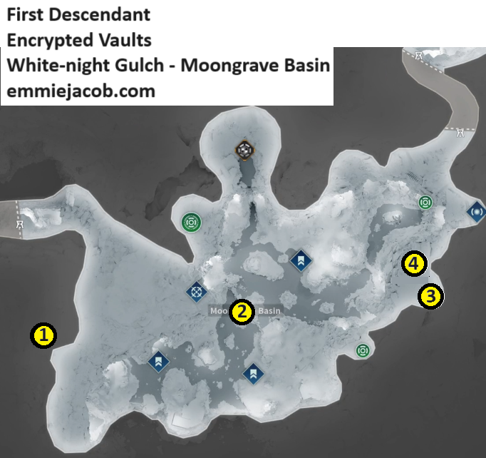 The First Descendant, Encrypted Vaults, White-night Gulch, Moongrave Basin.