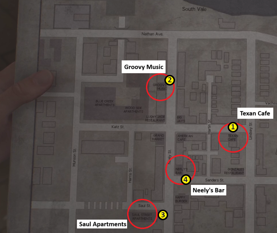 Silent Hill 2, Neely's Jukebox Puzzle Map, items needed locations