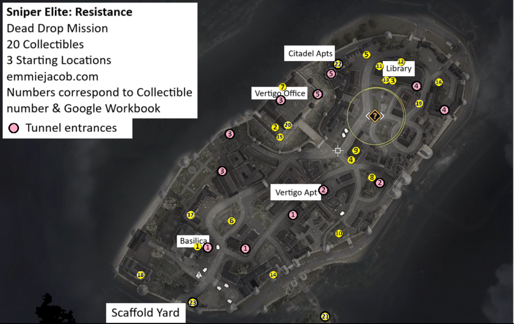 Sniper Elite: Resistance Dead Drop Map of Collectibles, Tunnels, and Alternate Starting Infiltration Locations.