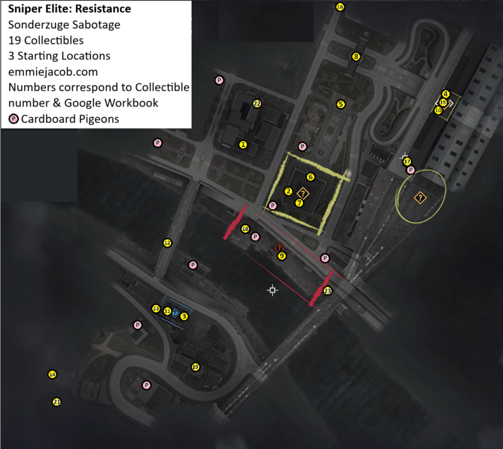 Sniper Elite: Resistance Sunderzuge Sabotage Map of Collectibles, Alternate Starting Infiltration Locations and the pigeons for Wing-Wing Situation Medal.