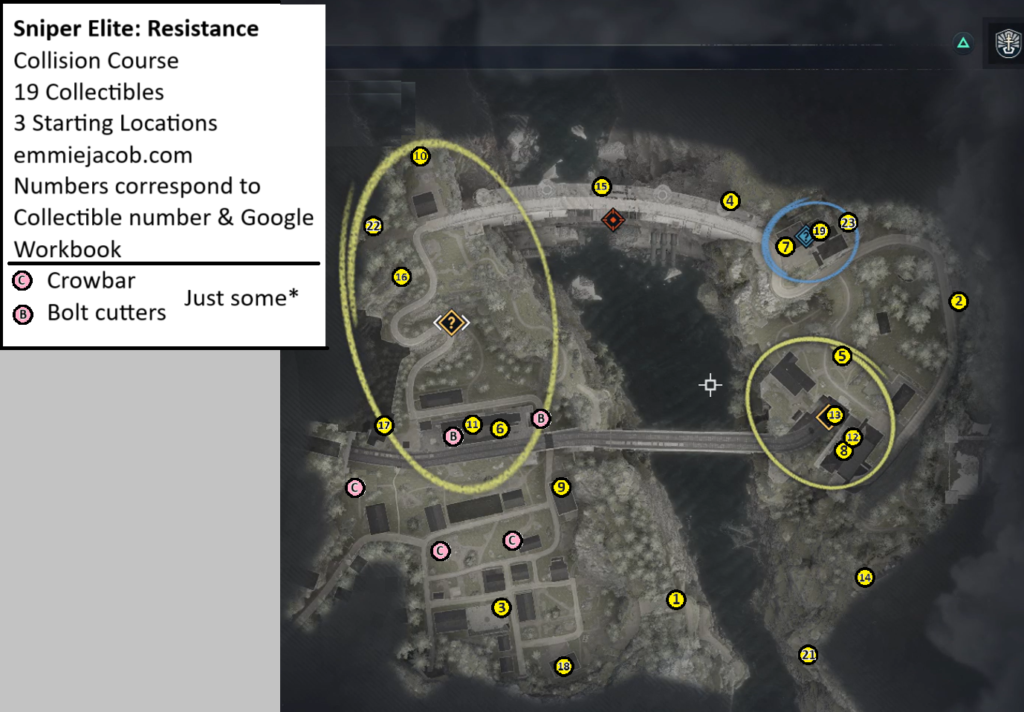 Sniper Elite: Resistance Collision Course Map of Collectibles, Alternate Starting Infiltration Locations, crowbars, and bolt cutters.