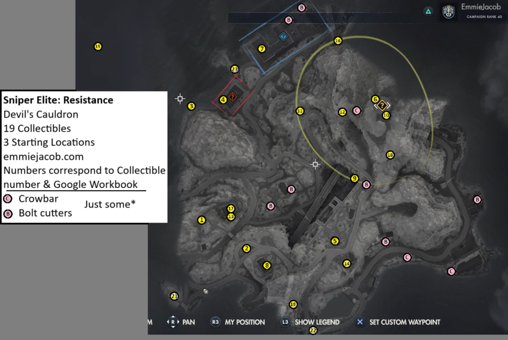 Sniper Elite: Resistance Devil's Cauldron Map of Collectibles, Alternate Starting Infiltration Locations, crowbars, and bolt cutters.