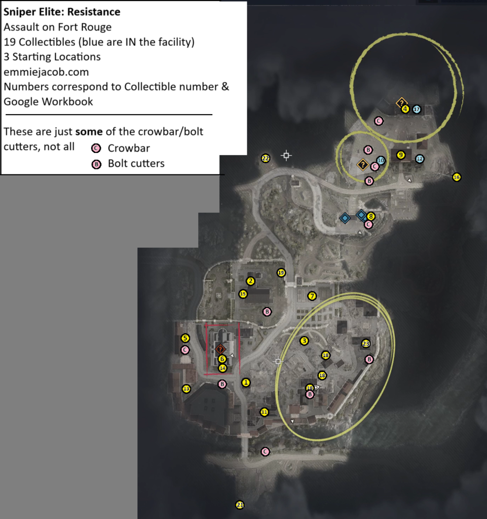 Sniper Elite: Resistance Assault on Fort Rouge Map of Collectibles, Alternate Starting Infiltration Locations, crowbars, and bolt cutters.