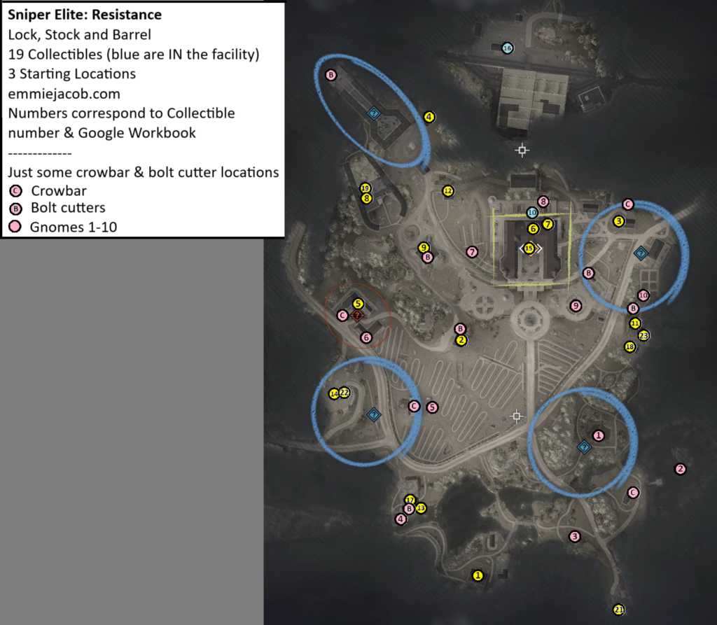 Sniper Elite: Resistance Lock, Stock and Barrels Map of Collectibles, Alternate Starting Infiltration Locations, crowbars and bolt cutters, and the 10 gnome locations.