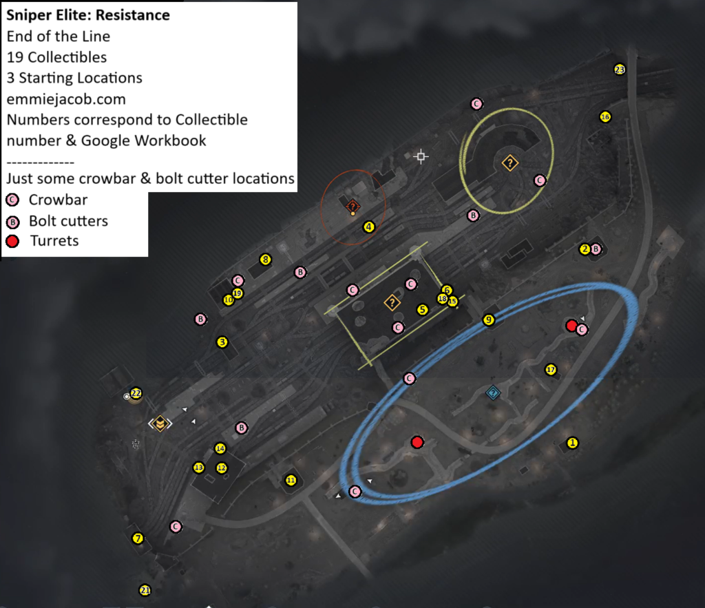 Sniper Elite: Resistance End of the Line Map of Collectibles, Alternate Starting Infiltration Locations, crowbars, bolt cutters and turrets.