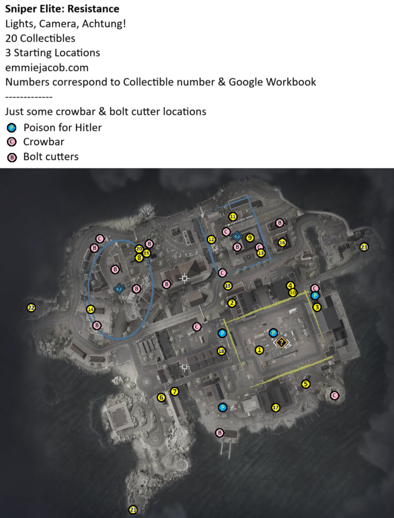 Sniper Elite: Resistance Lights, Camera, Achtung! Map of Collectibles, Alternate Starting Infiltration Locations, crowbars, bolt cutters and poison for Hitler.